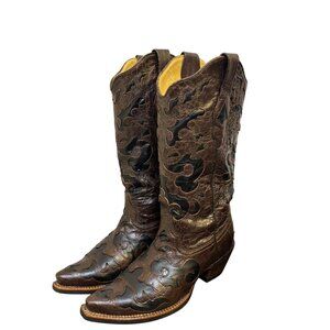 Corral Western Leather Boots Brown Black Overlay Size 8